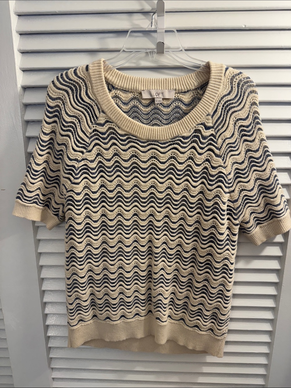 NWT LOFT Cream and Navy Wavy Stitch Raglan Sweater Tee Size M